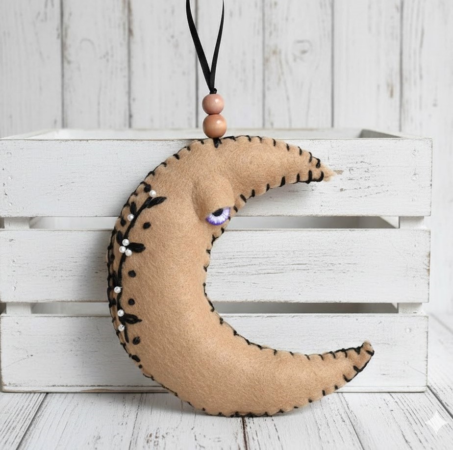 Moon ornament, beige moon with black embroidery, whimsical, handcrafted moon, felt, embroidery, bead accents