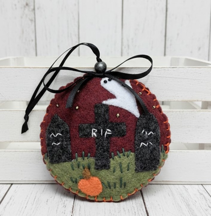 Graveyard scene ornament, halloween ornament, handmade ornament, felt ornament, embroidery and bead accents
