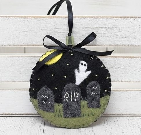 Graveyard scene ornament, halloween ornament, handmade ornament, felt ornament, embroidery and bead accents Graveyard scene ornament, halloween ornament, handmade ornament, felt ornament, embroidery and bead accents