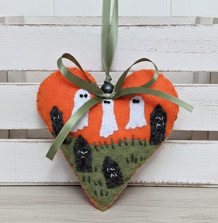 Graveyard scene ornament, halloween ornament, handmade ornament, felt ornament, embroidery and bead accents