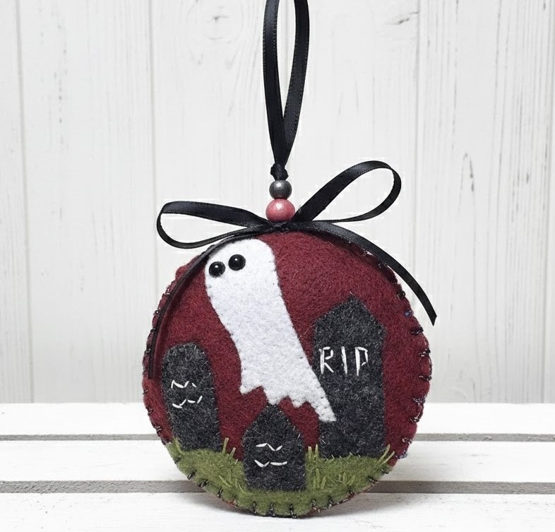 Graveyard scene ornament, halloween ornament, handmade ornament, felt ornament, embroidery and bead accents