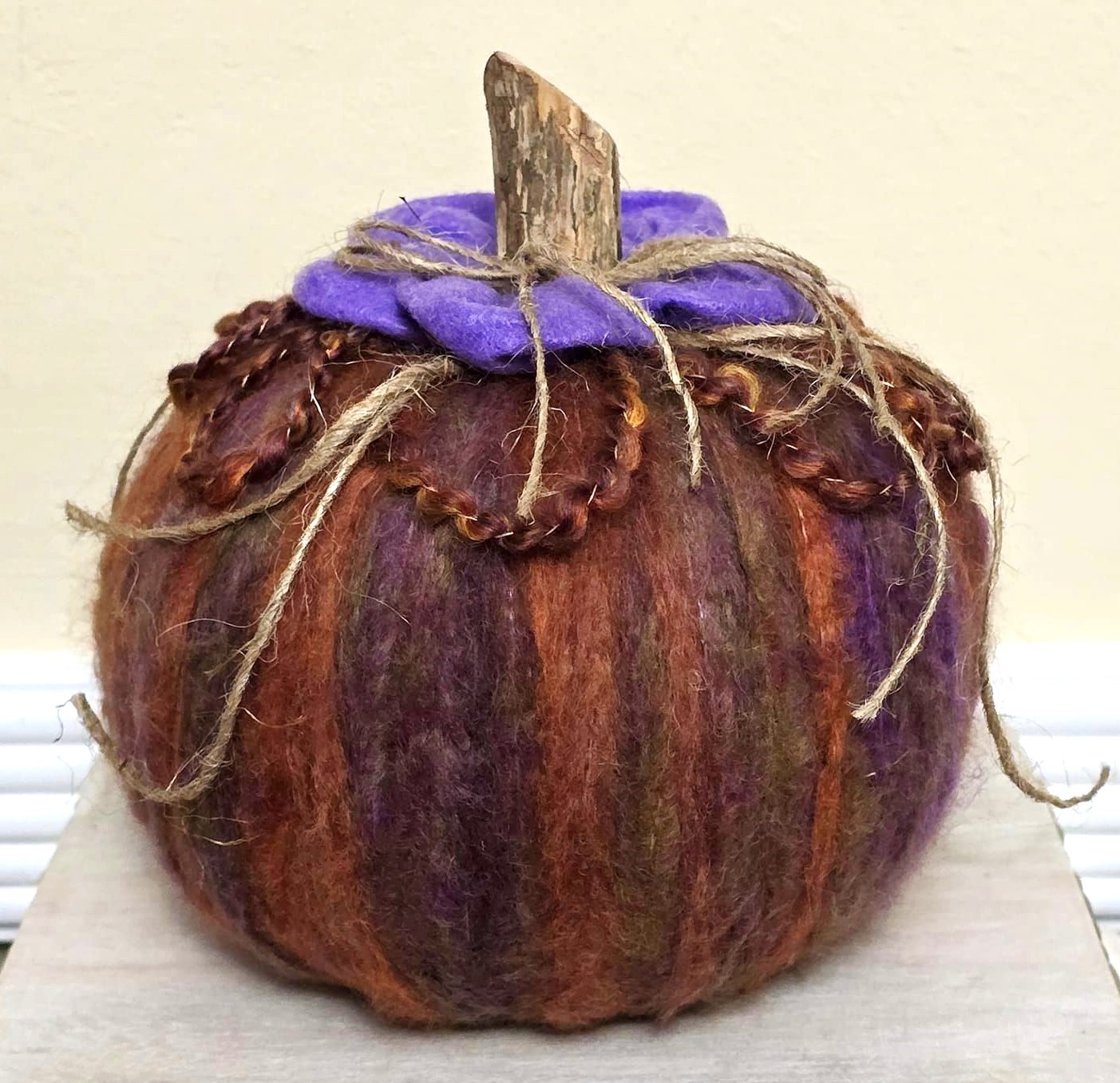 Handmade pumpkin, tabletop pumpkin decoration, rustic decor, fuzzy yarn pumpkin, multi color and purple accents - Click Image to Close