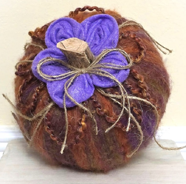 Handmade pumpkin, tabletop pumpkin decoration, rustic decor, fuzzy yarn pumpkin, multi color and purple accents