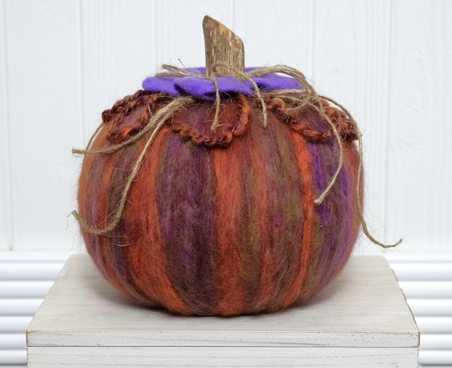 Handmade pumpkin, tabletop pumpkin decoration, rustic decor, fuzzy yarn pumpkin, multi color and purple accents