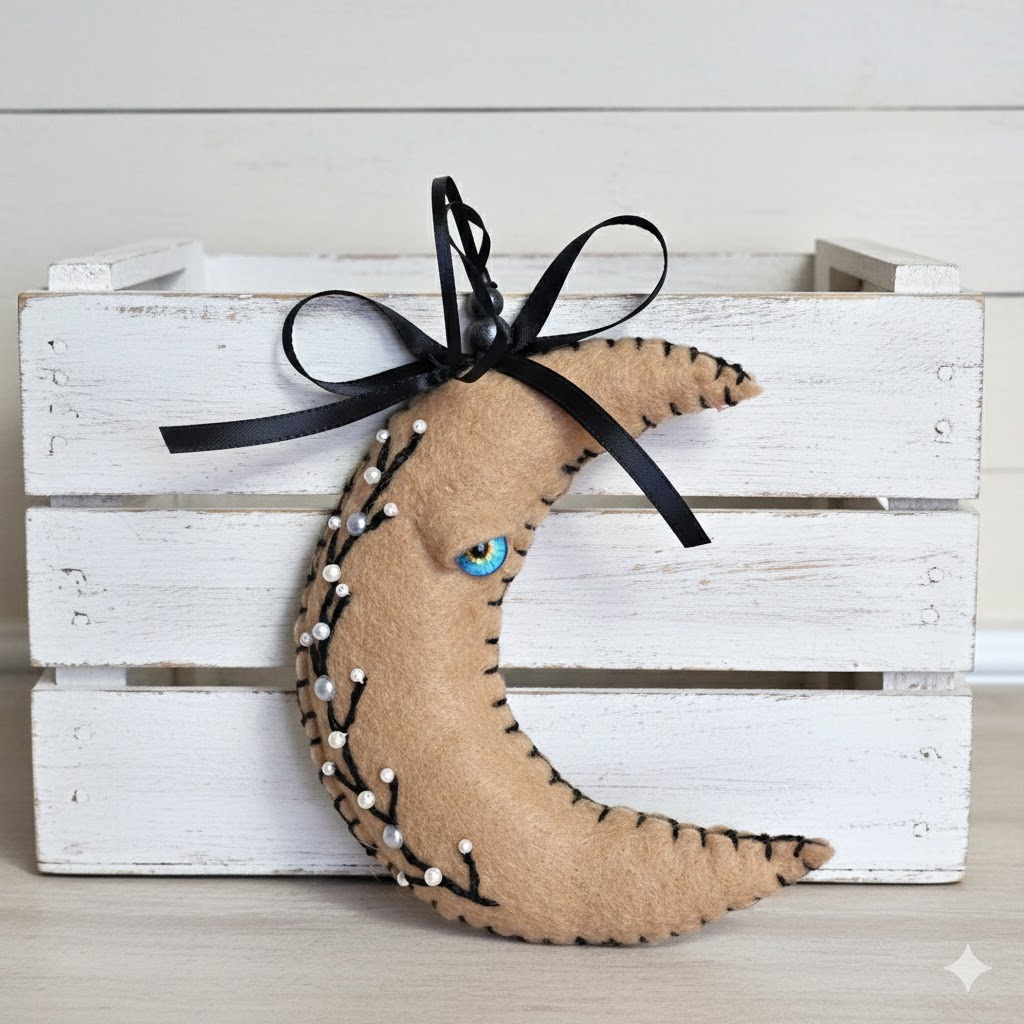 Moon ornament, beige moon with black embroidery, whimsical, handcrafted moon, felt, embroidery, bead accents