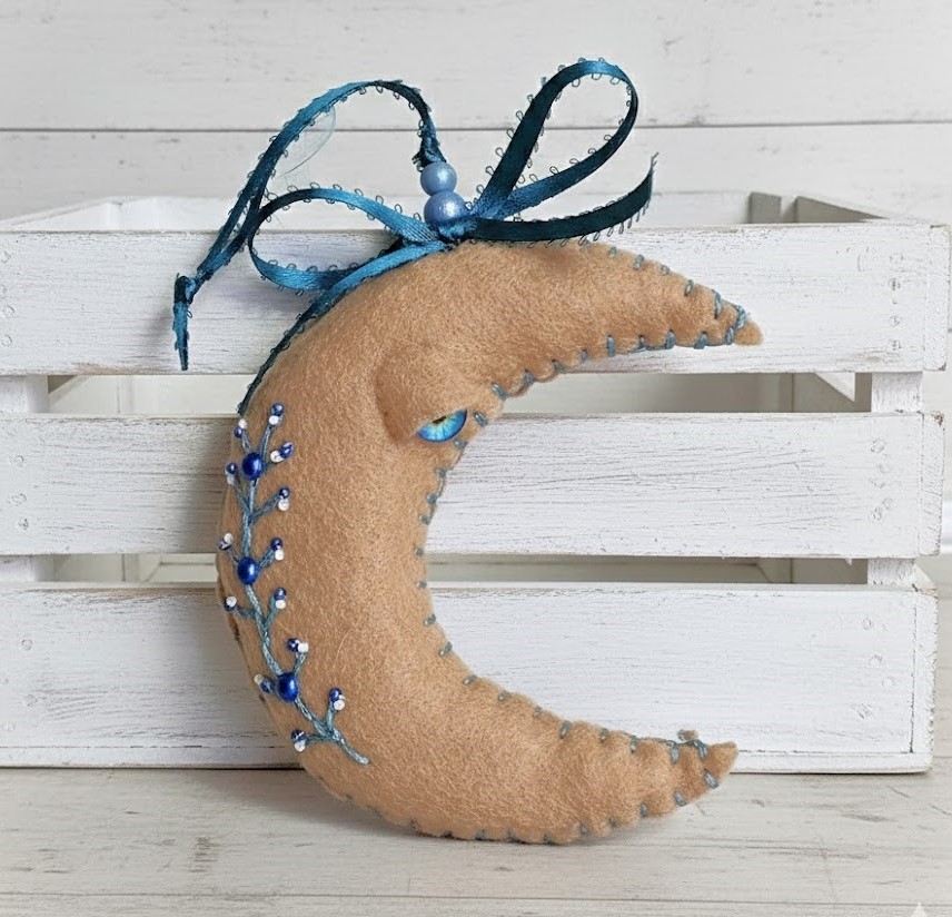Moon ornament, beige moon with turquoise embroidery, whimsical, handcrafted moon, felt, embroidery, bead accents
