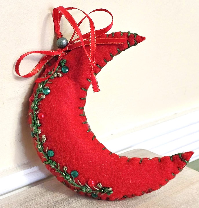 Moon ornament, red moon with embroidery, Christmas moon, whimsical, handcrafted moon, felt, embroidery, bead accents