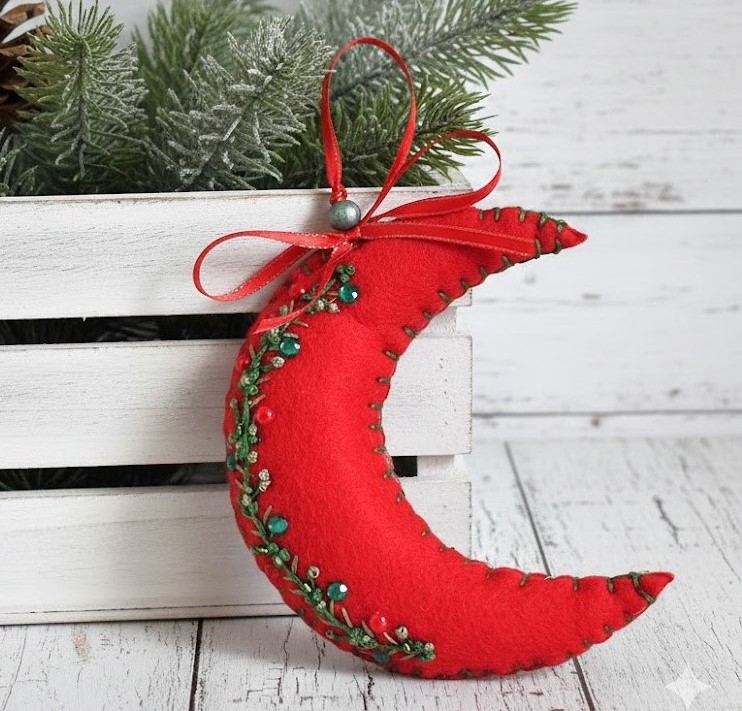 Moon ornament, red moon with embroidery, Christmas moon, whimsical, handcrafted moon, felt, embroidery, bead accents