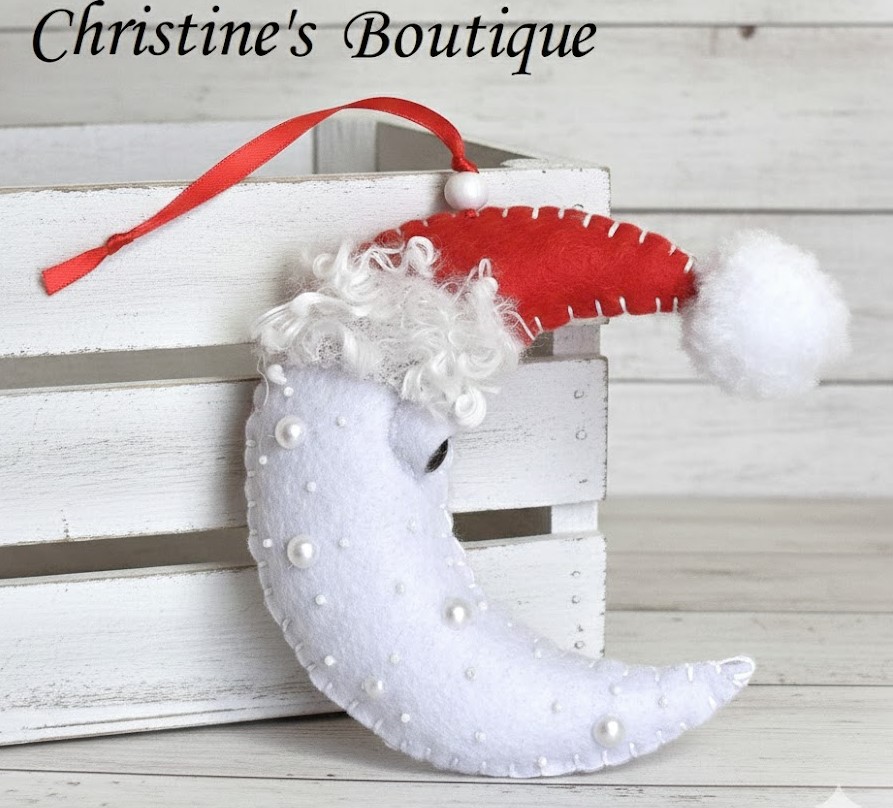 Santa moon ornament, handmade ornament, holiday ornament, felt and embroidery, beaded ornament and pearls