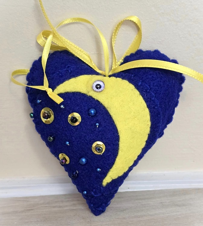 Moon ornament, whimsical blue ornament with yellow moon , christmas ornament, package topper - Click Image to Close