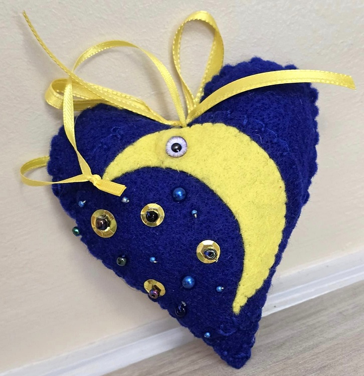 Moon ornament, whimsical blue ornament with yellow moon , christmas ornament, package topper