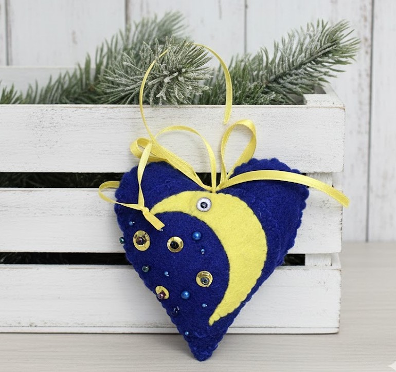 Moon ornament, whimsical blue ornament with yellow moon , christmas ornament, package topper