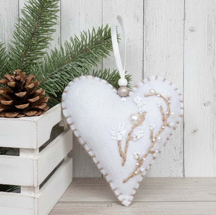 Handmade felt heart ornament, Chic Country ornament, white heart ornament with embroidery and beads