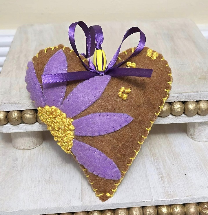 Spring purple flower ornament, flower lover, handmade ornament, heart shaped ornament, felt and embroidery
