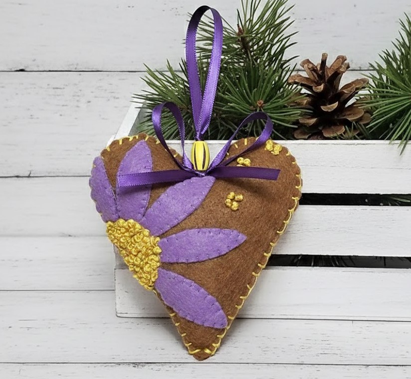 Spring purple flower ornament, flower lover, handmade ornament, heart shaped ornament, felt and embroidery