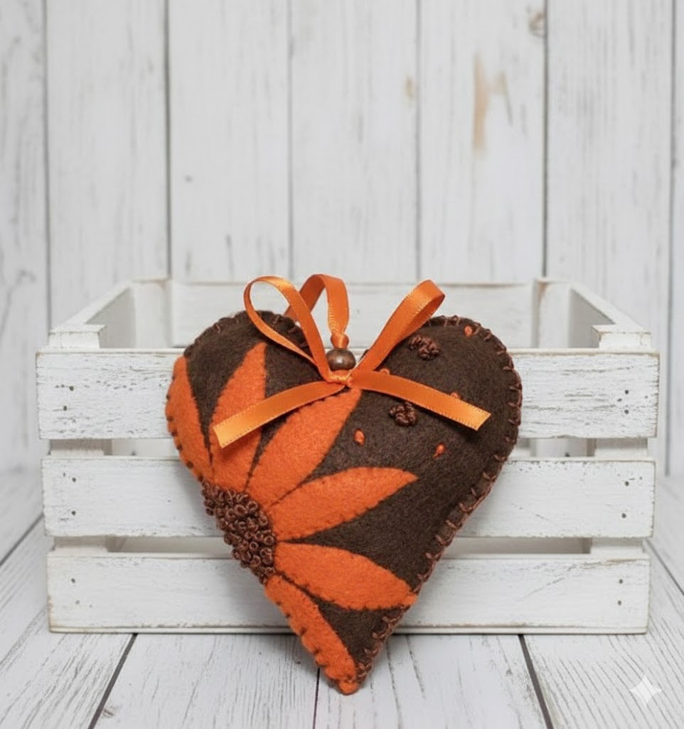 Fall flower ornament, heart shaped ornament, orange flower, autumn decor, handmade ornament, felt and embroidery