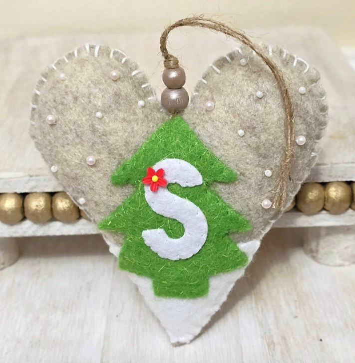 Initial S heart ornament, handmade ornament, package and gift topper, tree ornament