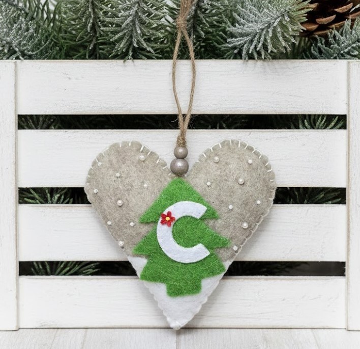 Initial C heart ornament, handmade ornament, package and gift topper, tree ornament
