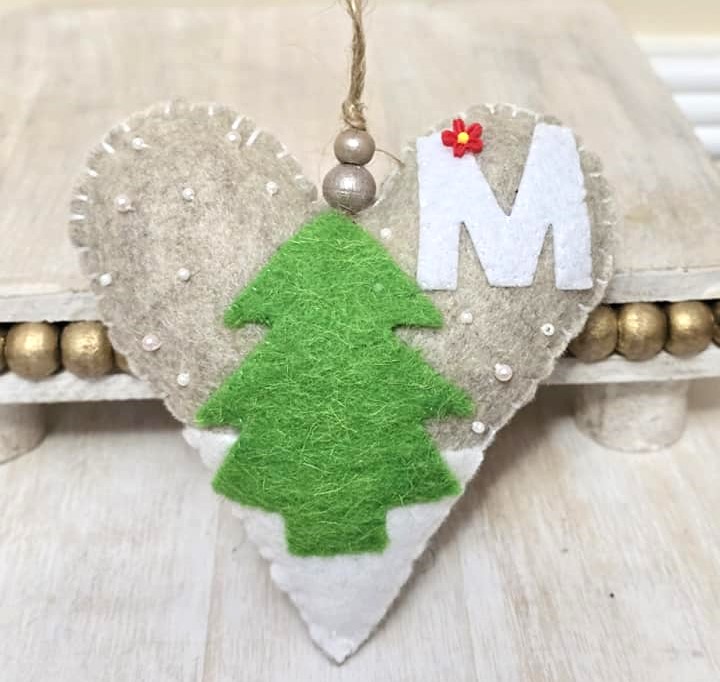 Initial M heart ornament, handmade ornament, package and gift topper, tree ornament