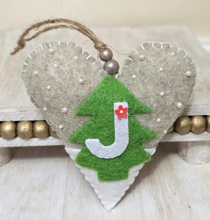 Initial J heart ornament, handmade ornament, package and gift topper, tree ornament