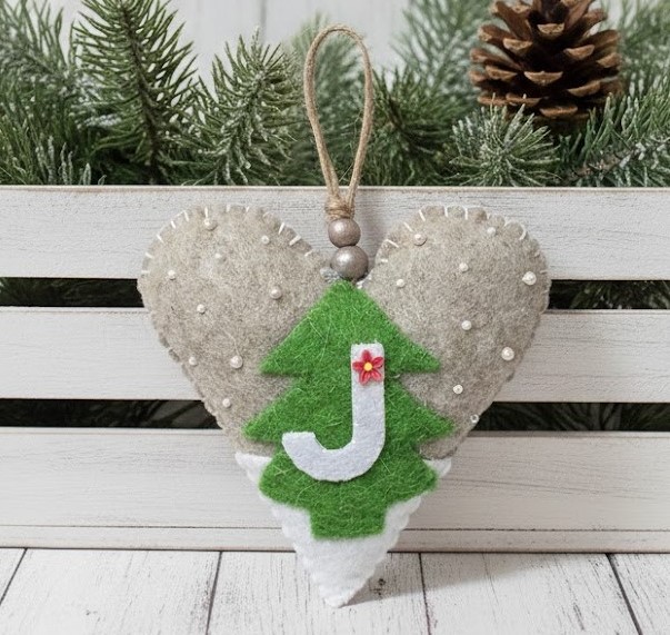Initial J heart ornament, handmade ornament, package and gift topper, tree ornament