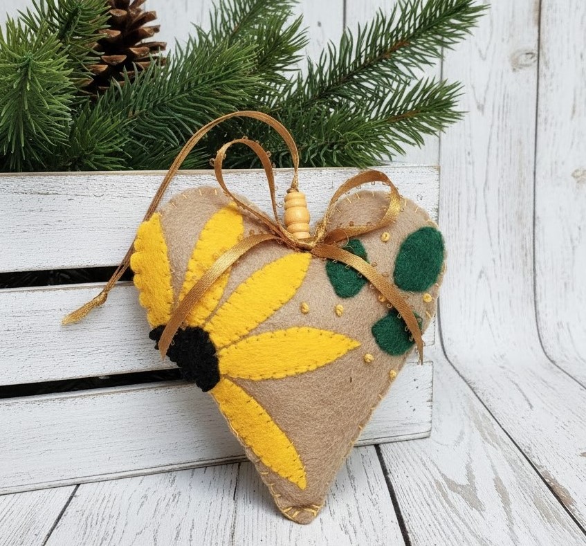 Fall flower ornament, heart shaped ornament, black eye susan, autumn decor, handmade ornament, felt and embroidery