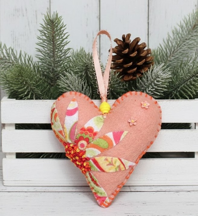 Spring felt heart ornament - coral colors