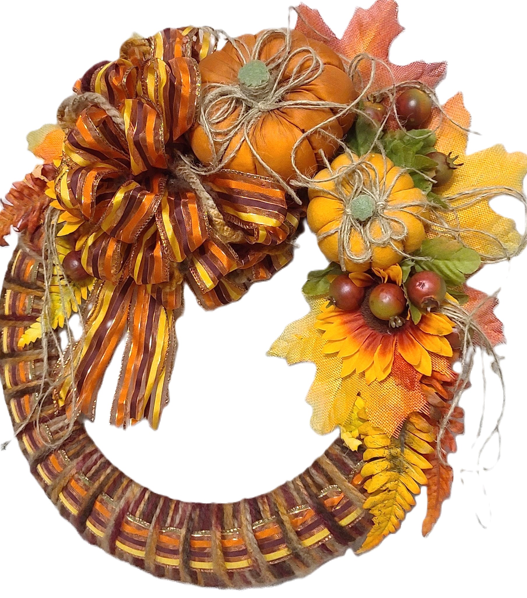 Yarn harvest wreath with pumpkins and foil foilage
