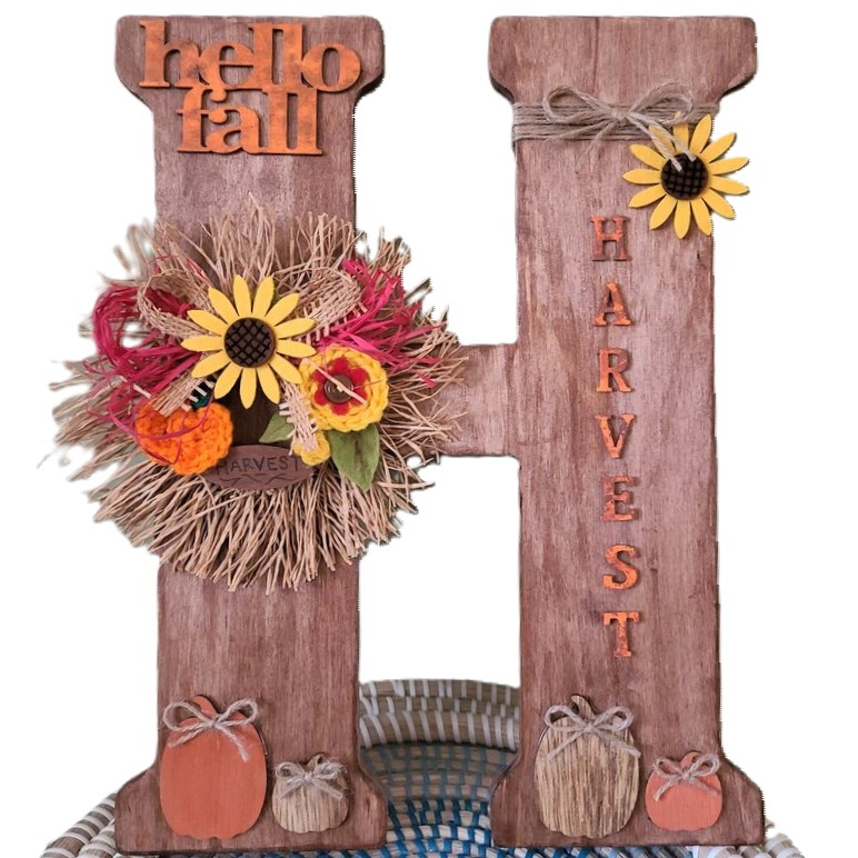 Stained Wood "H" Harvest, Hello Fall wall or door wreath decor - Click Image to Close