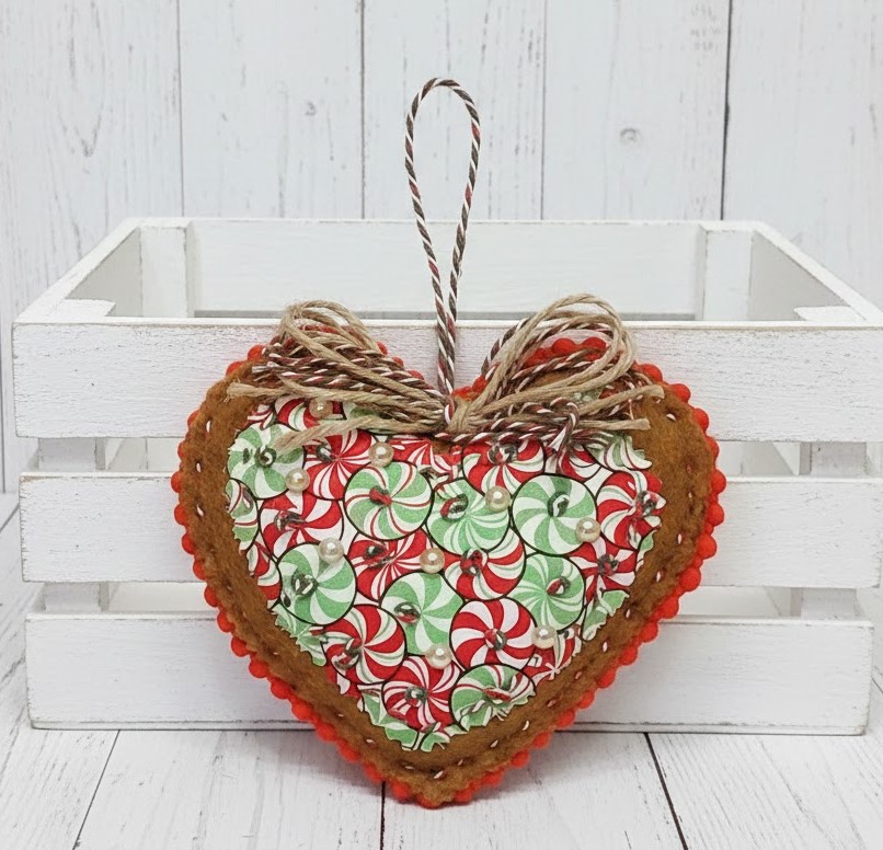 Gingerbread and candy pattern fabric heart ornament
