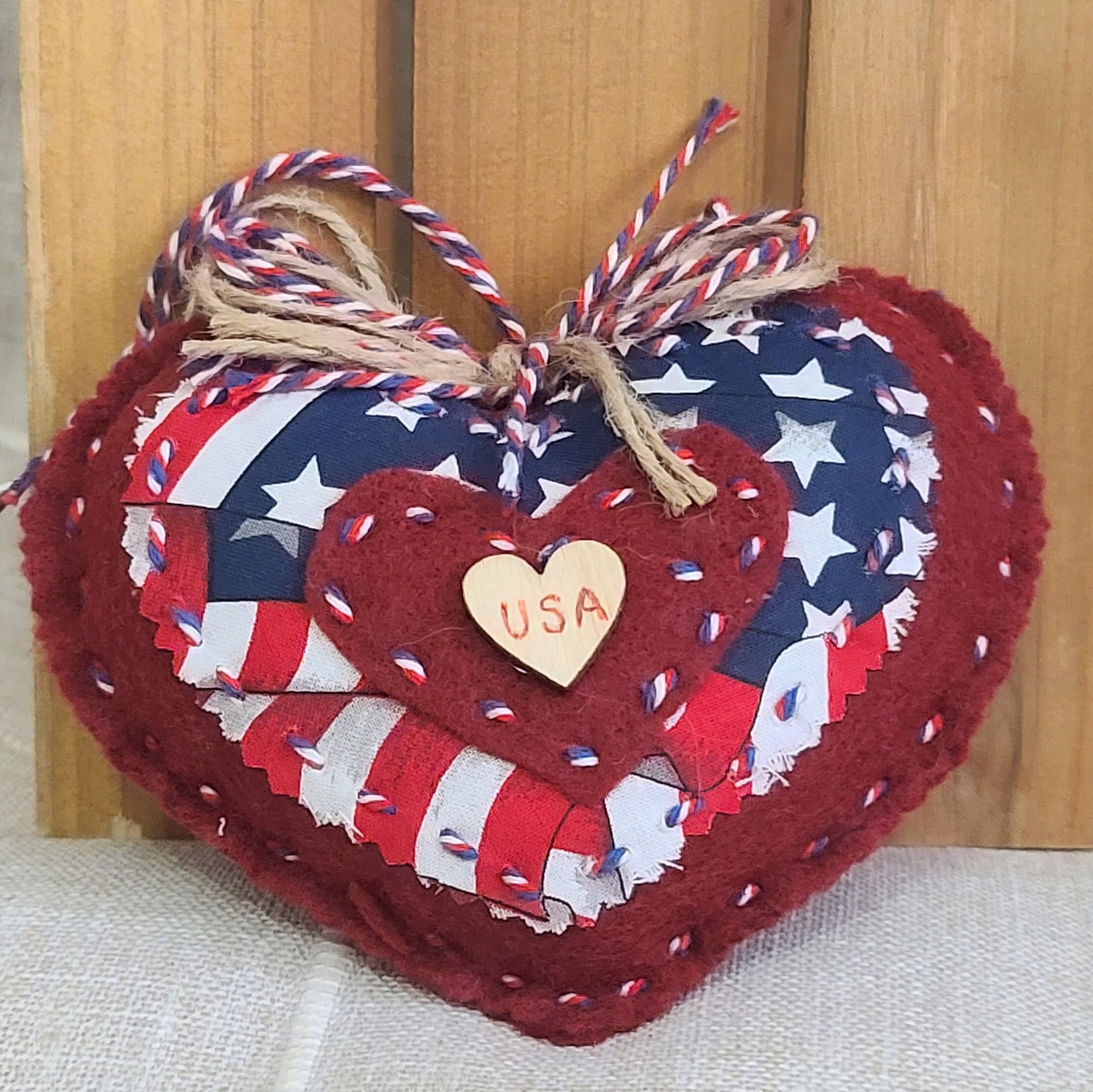 Felt and material USA patriotic heart ornament