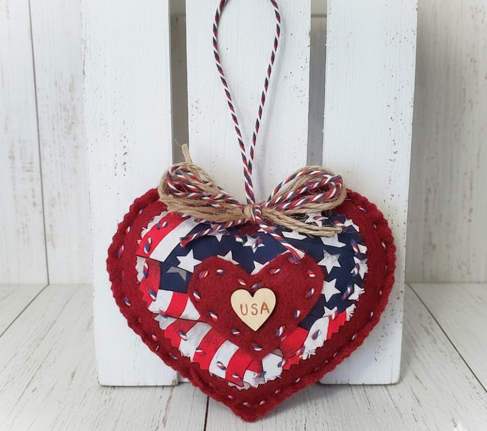Patriotic red white and blue material and felt ornament - USA