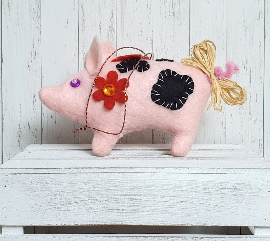 Felt piggie ornament - with red flowers Felt piggie ornament - with red flowers