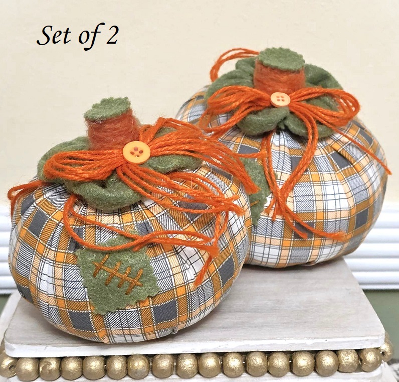 Handmade pumpkins, tabletop pumpkin decoration, orange gingham fabric, rustic, farm style decor, set of 2 - Click Image to Close