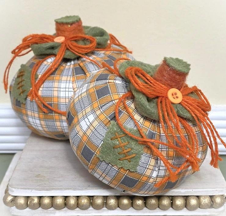 Handmade pumpkins, tabletop pumpkin decoration, orange gingham fabric, rustic, farm style decor, set of 2