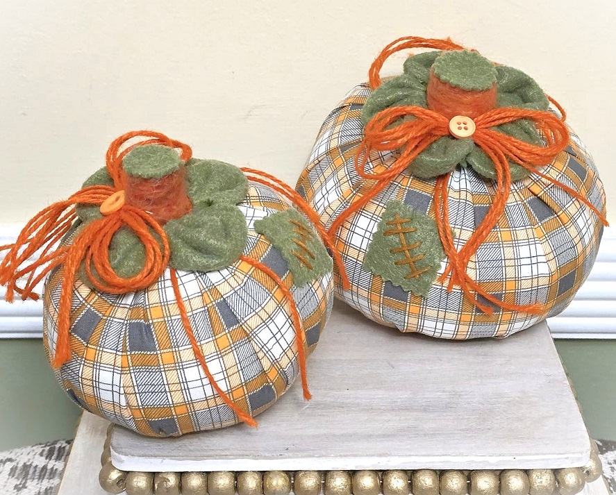 Handmade pumpkins, tabletop pumpkin decoration, orange gingham fabric, rustic, farm style decor, set of 2