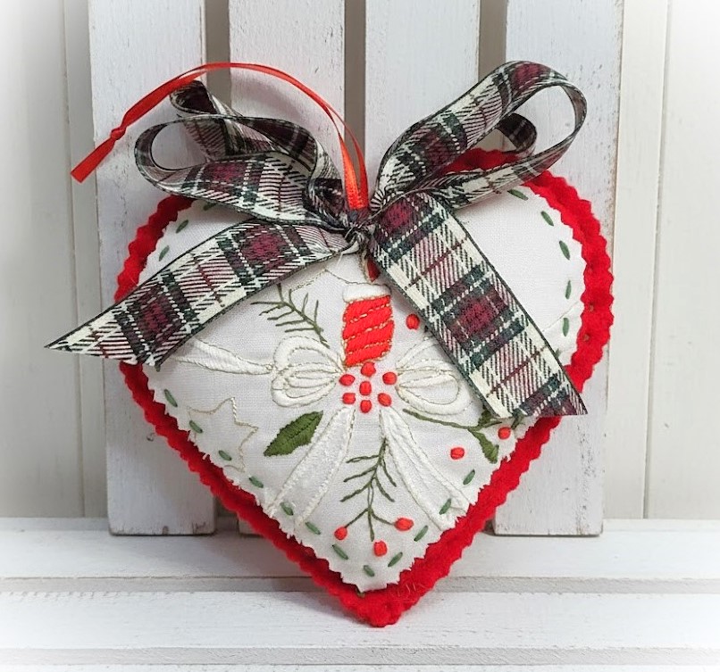 Vintage embroidery and felt heart shaped ornament - red