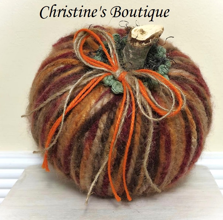 Handmade pumpkin, tabletop pumpkin decoration, rustic decor, fuzzy yarn pumpkin, multi color, red, orange and rust colors - Click Image to Close