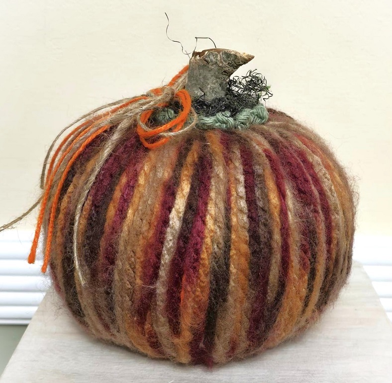 Handmade pumpkin, tabletop pumpkin decoration, rustic decor, fuzzy yarn pumpkin, multi color, red, orange and rust colors
