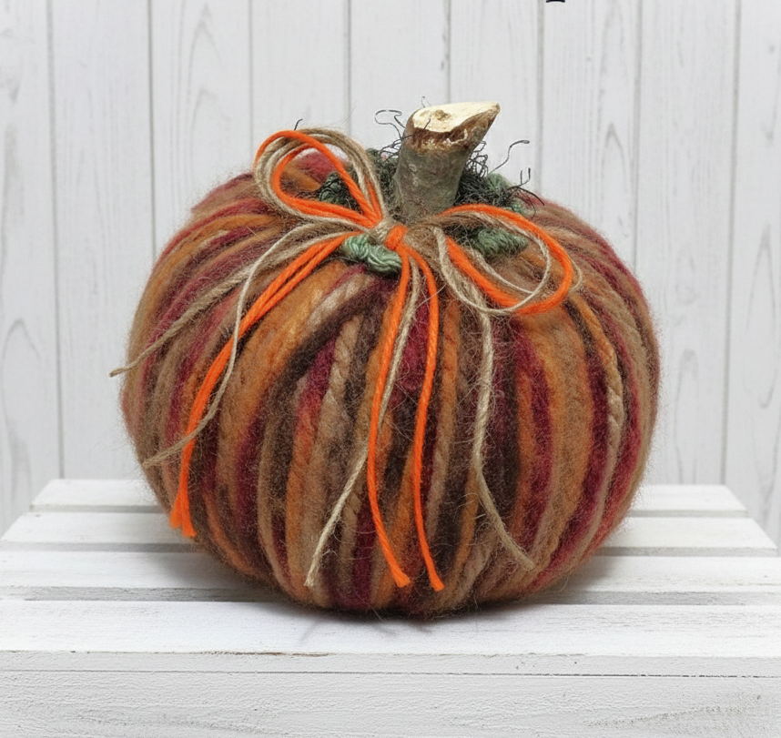 Handmade pumpkin, tabletop pumpkin decoration, rustic decor, fuzzy yarn pumpkin, multi color, red, orange and rust colors