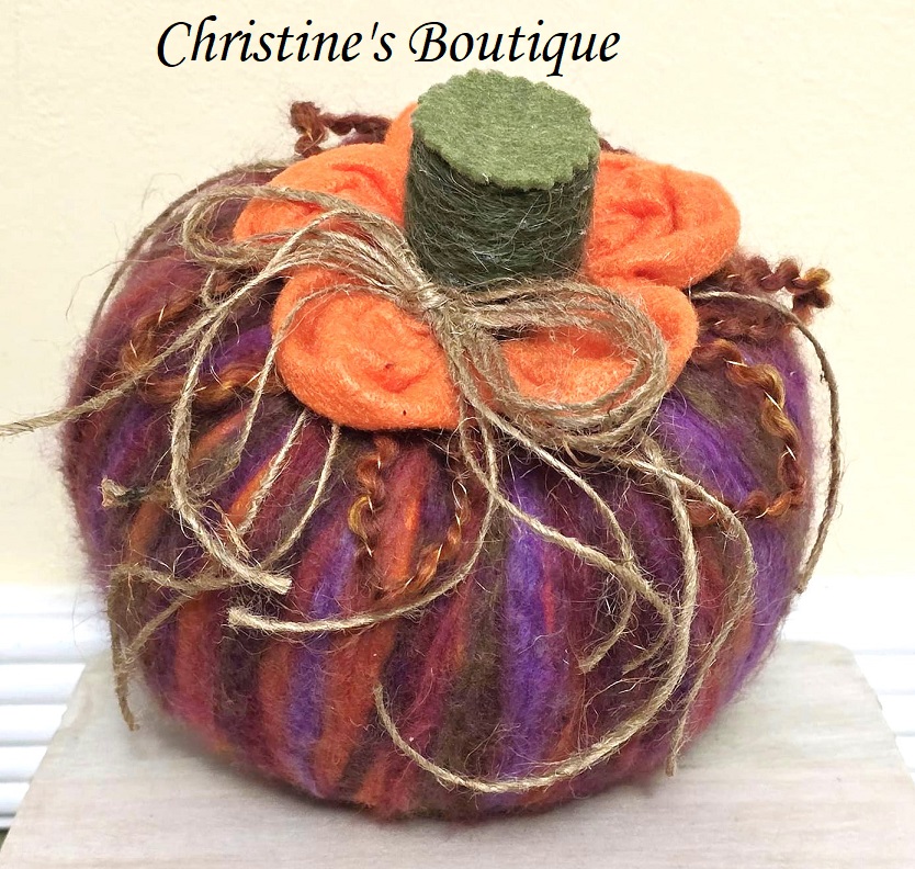 Handmade pumpkin, tabletop pumpkin decoration, rustic decor, fuzzy yarn pumpkin, multi color and orange accents - Click Image to Close