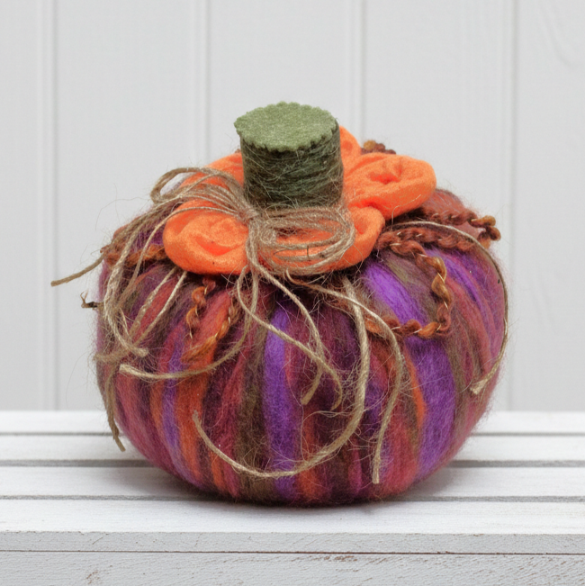 Handmade pumpkin, tabletop pumpkin decoration, rustic decor, fuzzy yarn pumpkin, multi color and orange accents