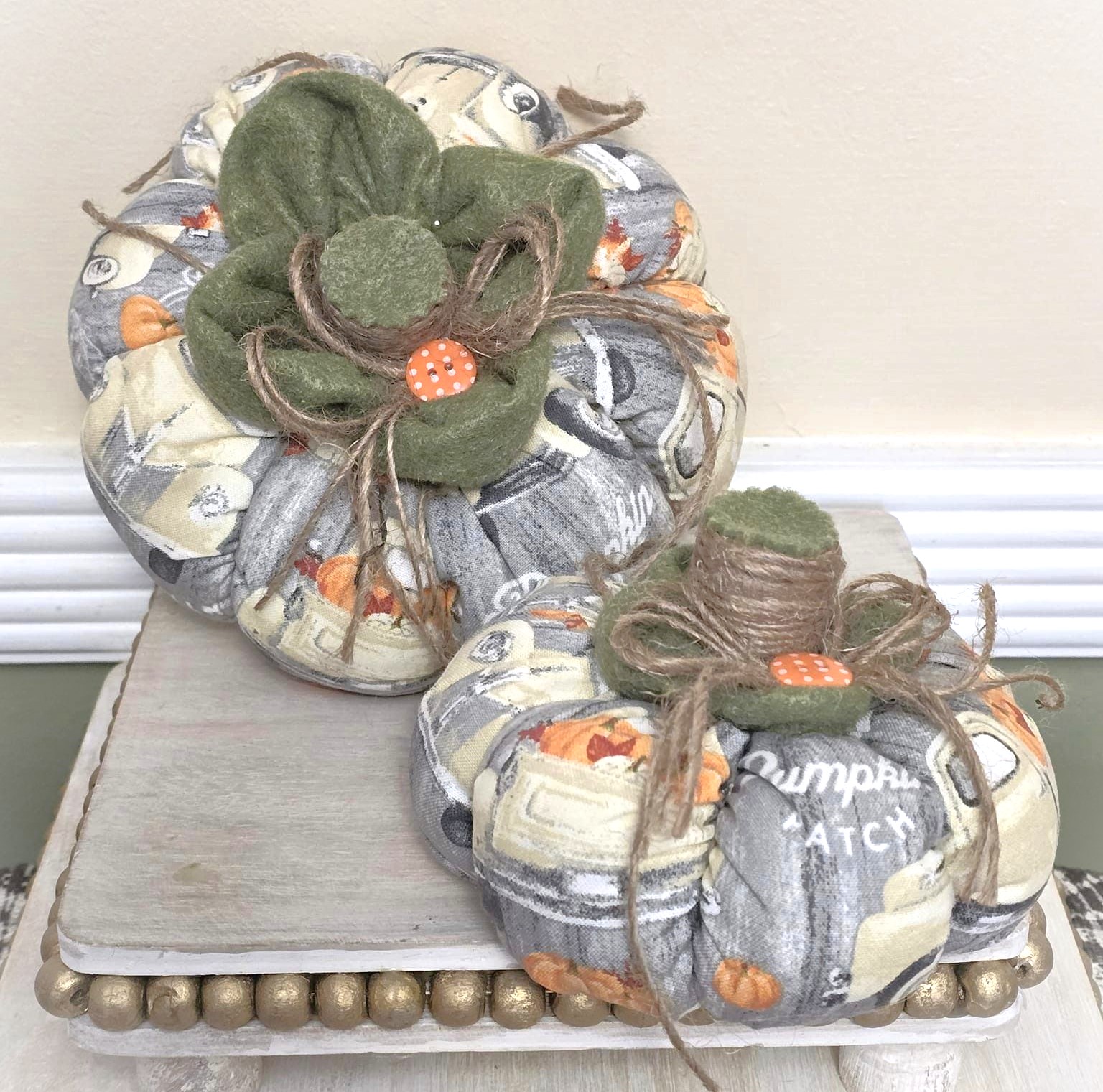 Handmade pumpkins, tabletop pumpkin decoration, pumpkin patch fabric, rustic, farmhouse decor, set of 2