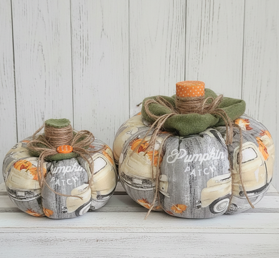 Handmade pumpkins, tabletop pumpkin decoration, pumpkin patch fabric, rustic, farmhouse decor, set of 2