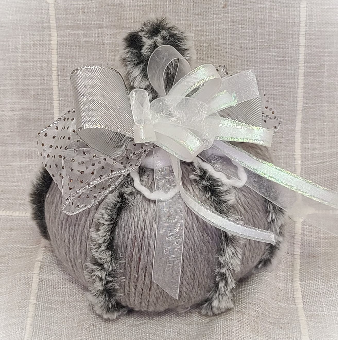 Shabby chic white yarn pumpkin with gray fur and rhinestone
