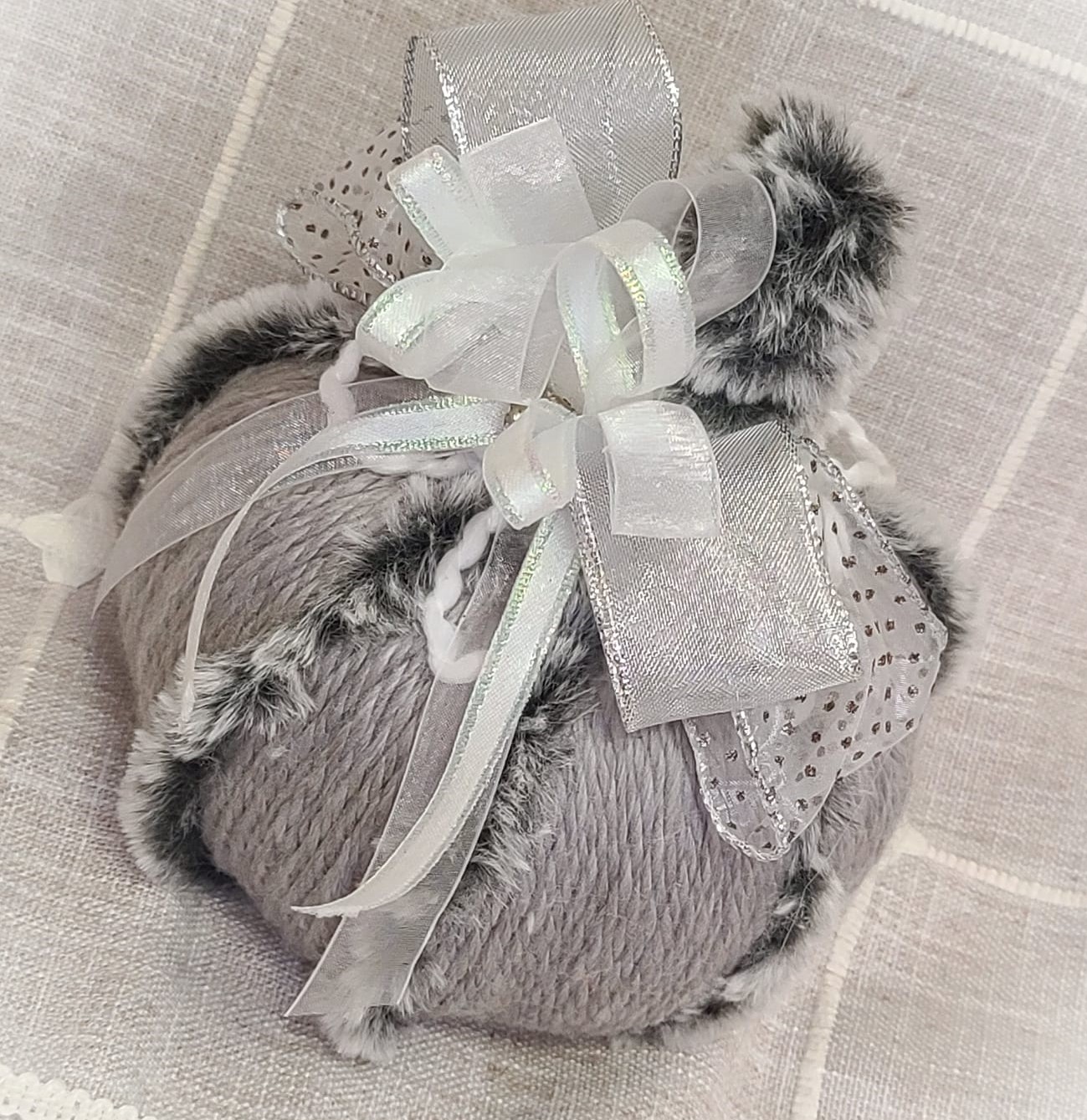 Shabby chic white yarn pumpkin with gray fur and rhinestone