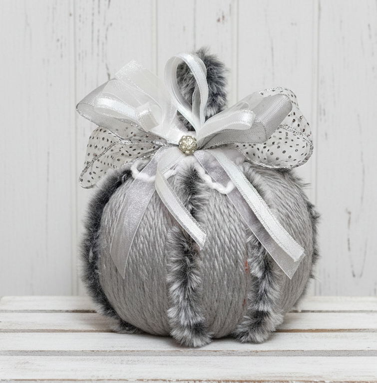 Handmade pumpkin, tabletop pumpkin decoration, white gray and fur accent pumpkin, shabby chic, upscale pumpkin