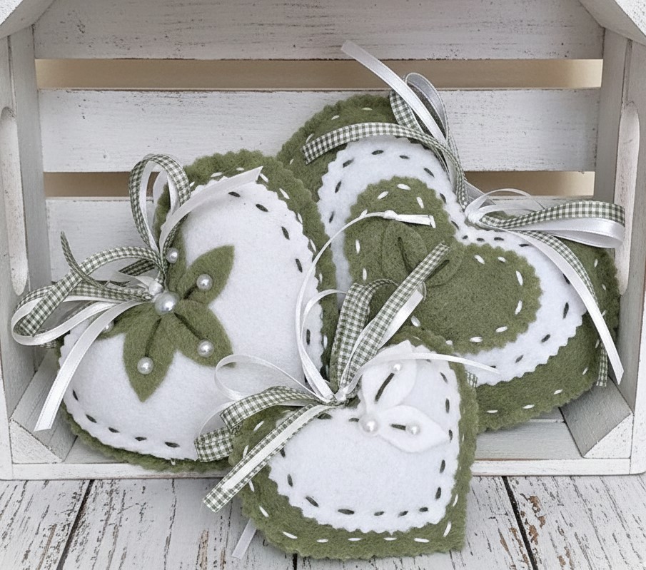 Fern Green and White Heart Shaped Ornament Set