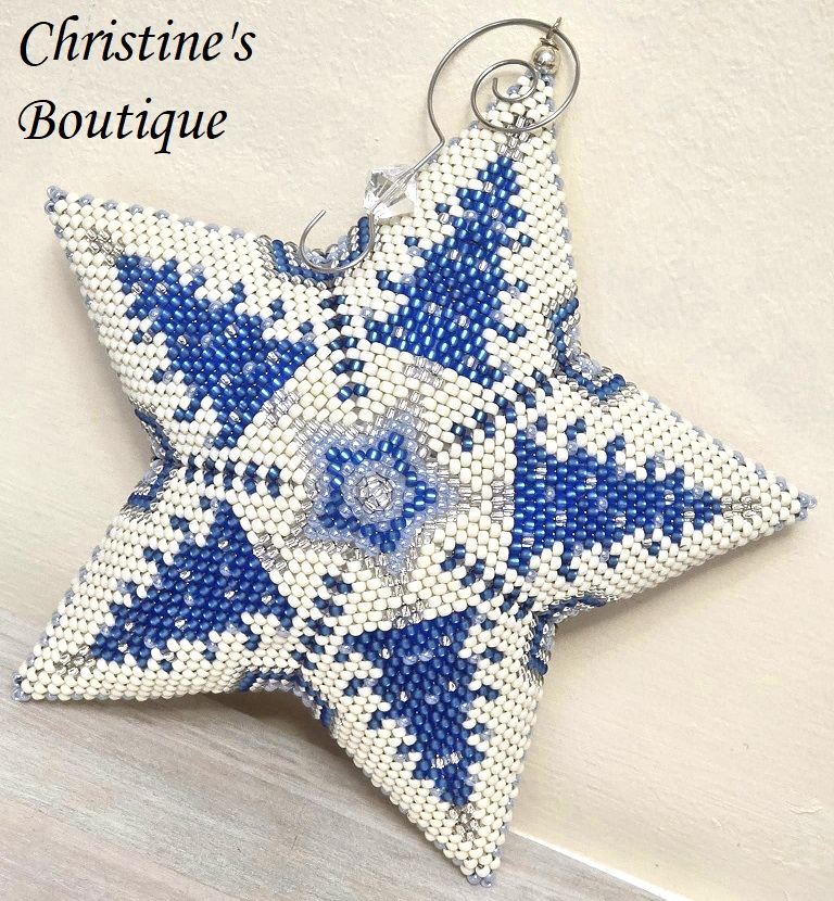 Handmade Extra Large 3D Star Ornament 8 x 8" Celestial Trees, White with blue - Click Image to Close