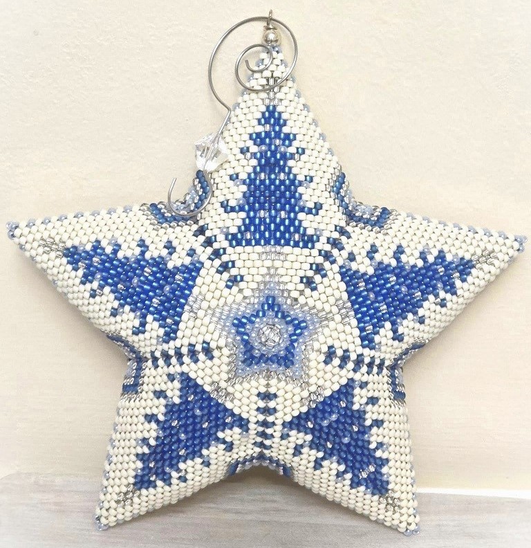 Handmade Extra Large 3D Star Ornament 8 x 8" Celestial Trees, White with blue